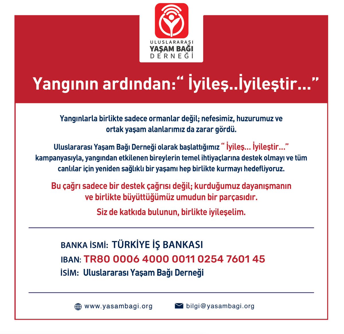 yasambagi's tweet photo. ! İhtiyaç listelerinde temin edebileceğiniz envanter için bilgi@yasambagi.org mailine ve DM den ulaşabilirsiniz. !

Yangının ardından bir aradayız… Çünkü biliyoruz ki her nefes, her damla su, her can, bizim ortak umudumuzdur.
Bu topraklarda filizlenen her dayanışma, hepimize şifa olur.

Uluslararası Yaşam Bağı Derneği olarak, yangından etkilenen tüm canlılar için bir umut halkası kuruyoruz.
Bir kutu maske, bir şişe göz damlası, bir tas su… Belki küçük bir destek gibi görünür ama birlikte kocaman bir iyileşmeye dönüşür.

Desteğinle iyileş, iyileştir…
Çünkü her bağ, yaşamın ta kendisidir.
#yangın 
#izmiryanıyor 
#izmir