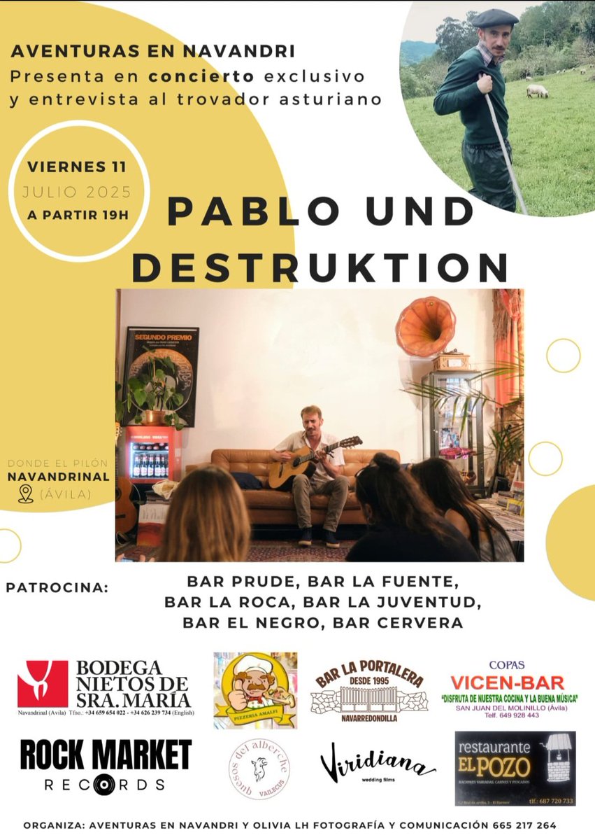 Como a las instituciones abulenses les da igual la música, solamente nos quedan iniciativas como ésta. Mi amiga <a href="/LhOlivia/">Olivia LH</a> trae a <a href="/pablodestruye/">Pablo Und Destruktion</a> a su pueblo, Navandrinal. Y sólo puedo desearle toda la suerte, que se la merece. E invitaros a todos a ir ❤️