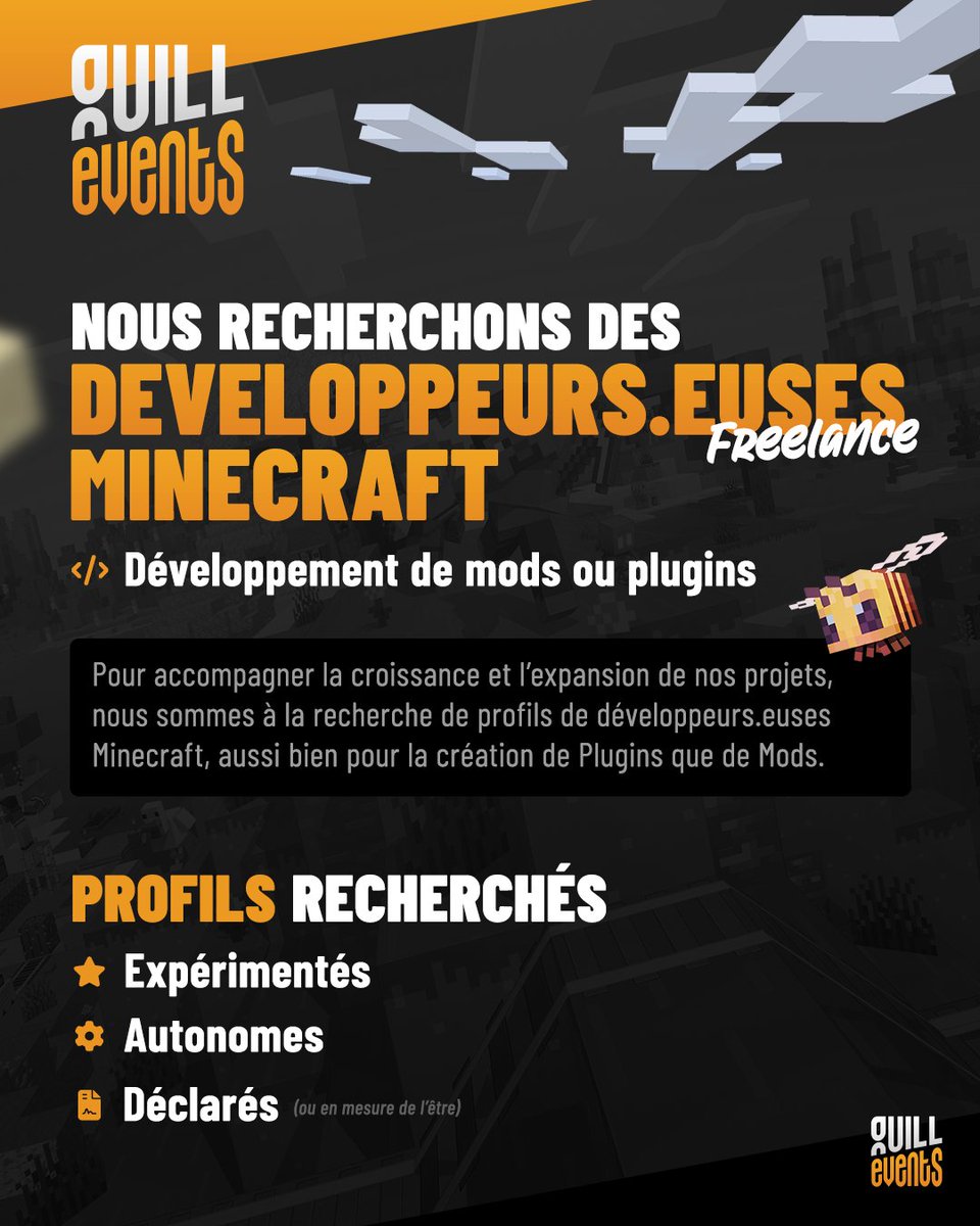 Hello !! La Guill Industries recrute des Développeurs Java Minecraft pour des futurs (gros) projets 👀

✅ Expérience requise
🧾 Autonome et déclaré

🔗 Lien du formulaire en réponse 

Des questions ? Pose les sous ce tweet !
Partages fortement appréciés 🙏

#Minecraft #Dev #Java