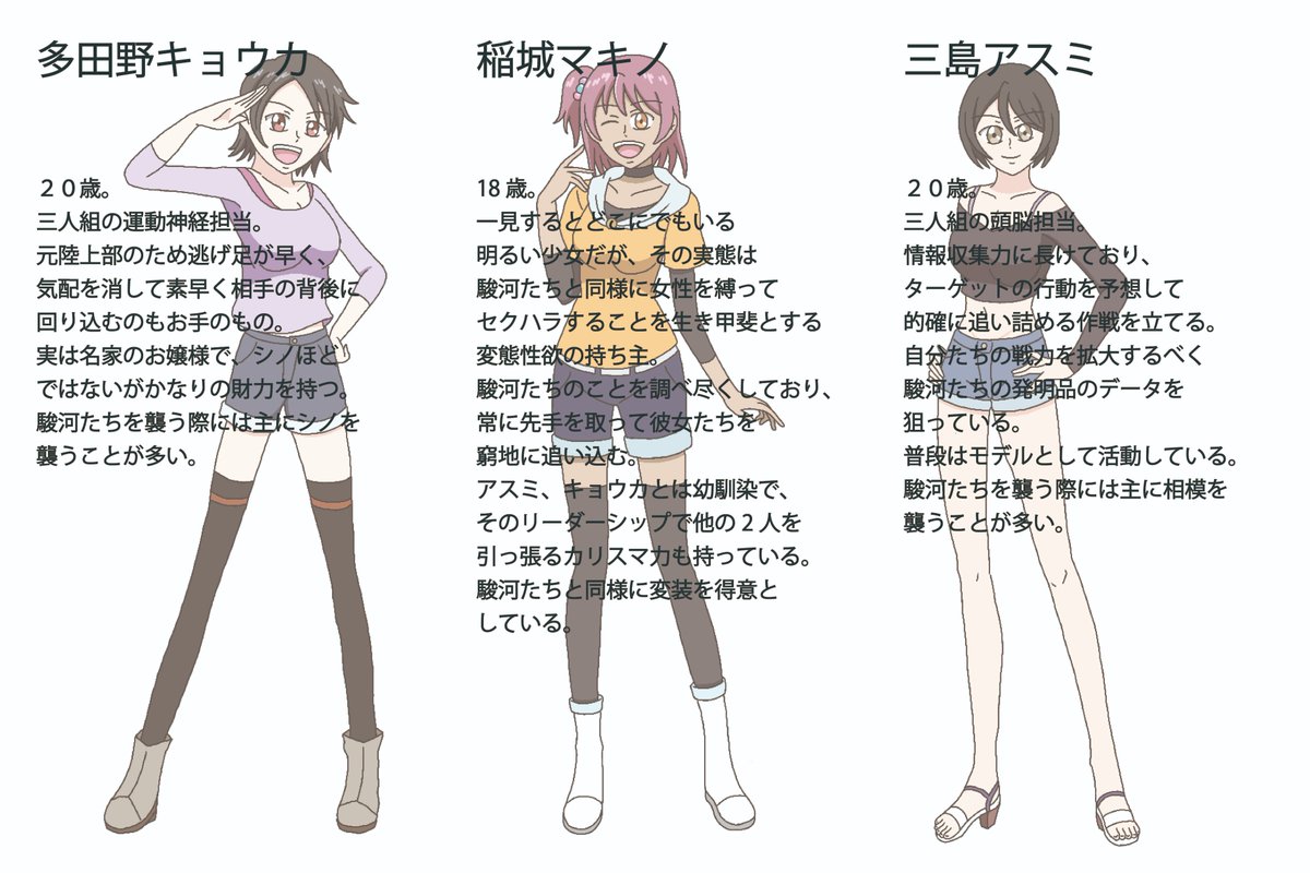 新キャラ解禁！
彼女たちの登場でこれからどんどん駿河たちが被害者側に回る機会が増えることでしょう。
皆さんもお気軽にお借りください。そして駿河たちを縛って泣かせてやってください^^