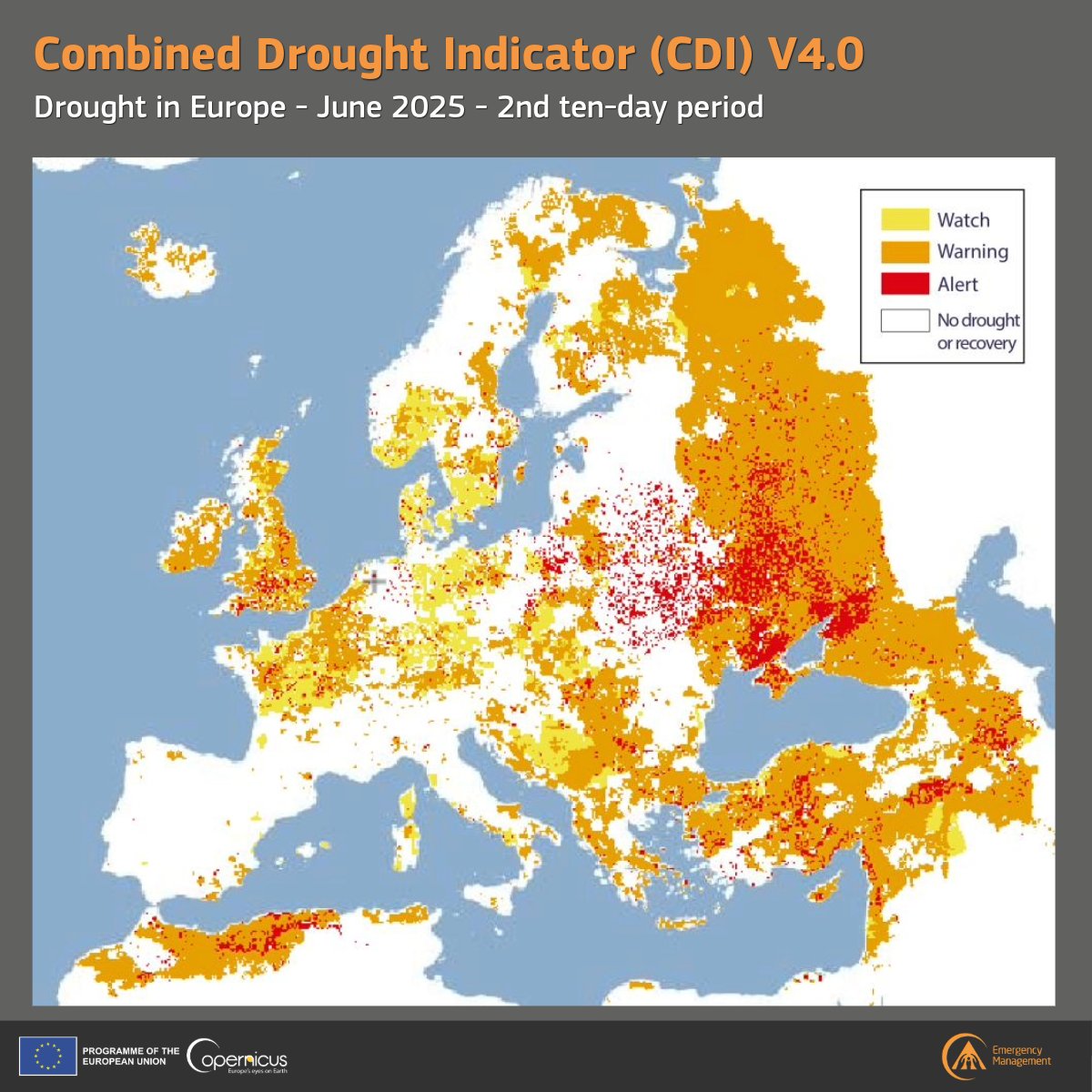 🚱 #Drought conditions are easing in central Europe but worsening across the east.

⚠️ Alert levels persist in Ukraine 🇺🇦, Türkiye 🇹🇷, the Balkans &amp; the Middle East, while severe heat affects much of southern Europe.

See the latest #CDI update: europa.eu/!WX3pwj