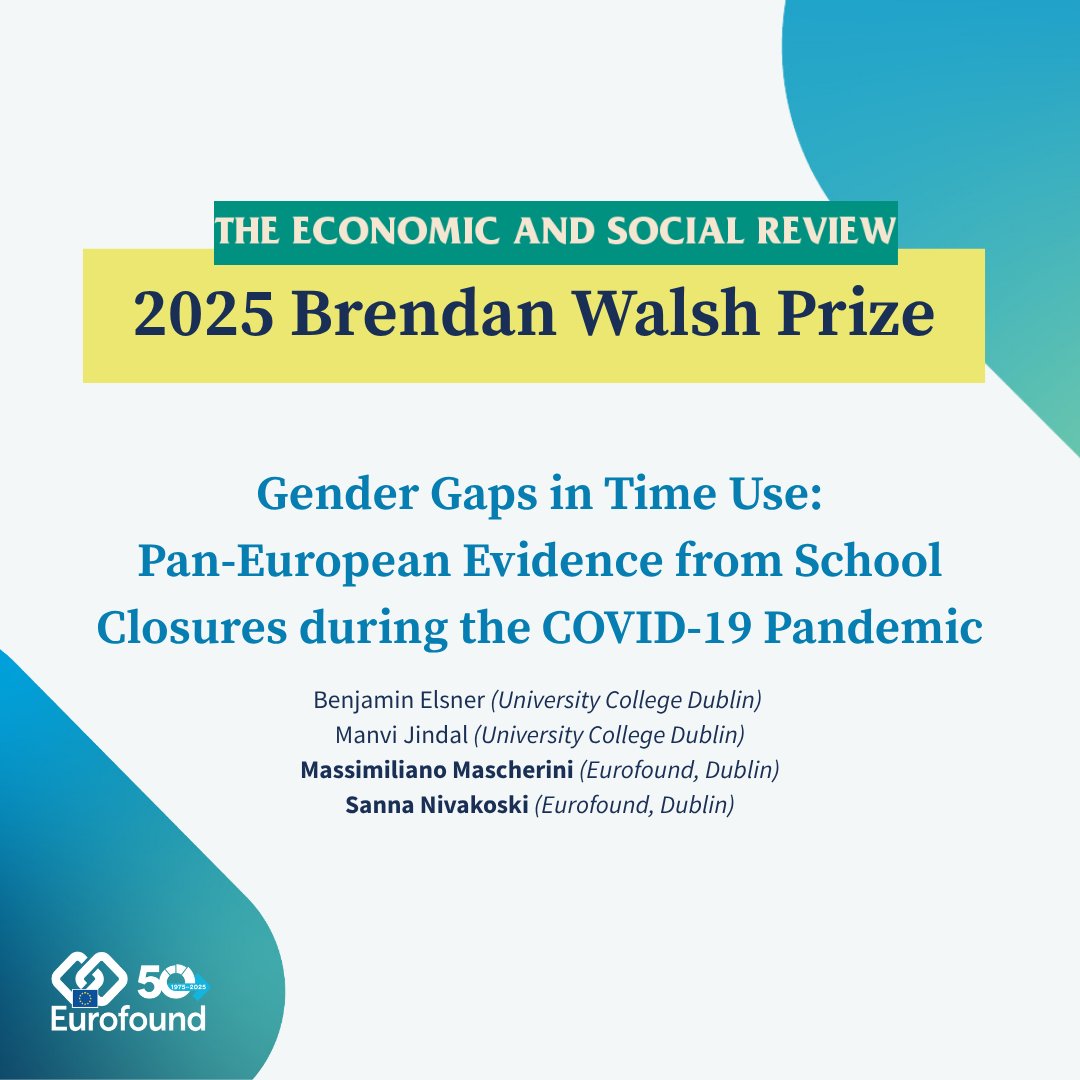 eurofound's tweet image. 🏆 2025 Brendan Walsh Prize Awarded to “Gender Gaps in Time Use: Pan-European Evidence from School Closures during the COVID-19 Pandemic” by B. Elsner, M. Jindal (University College Dublin), and our colleagues M. Mascherini and S. Nivakoski.
📖 Read here: esr.ie/index.php/esr/…