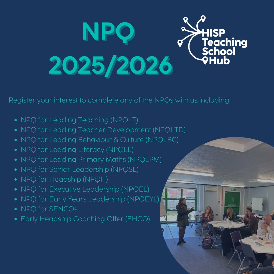📢 Thinking about doing a National Professional Qualification (NPQ) in 2025/26?

We're now inviting expressions of interest! Be the first to get updates as soon as info drops.

👉 Register your interest here: forms.office.com/Pages/Response…

#NPQ #EdLeadership #CPD #TeacherDevelopment