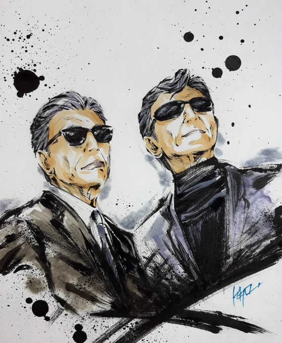 帰ってきたあぶない刑事 墨絵「タカ &amp; ユージ」 いや〜やっぱりあぶない刑事は最高ですね って事で墨絵で描いてみました #帰ってきたあぶない刑事 #墨絵
