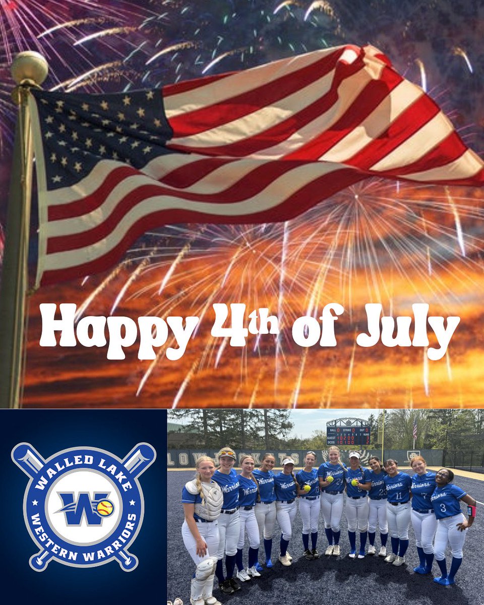 Happy 4th of July from Walled Lake Western Softball. Have a safe and fun holiday weekend! Go Warriors! 🇺🇸💙🥎🩶🥎 🇺🇸F.E.P.W.E. #wlwsoftball #warriorssoftball #wlwathletics
