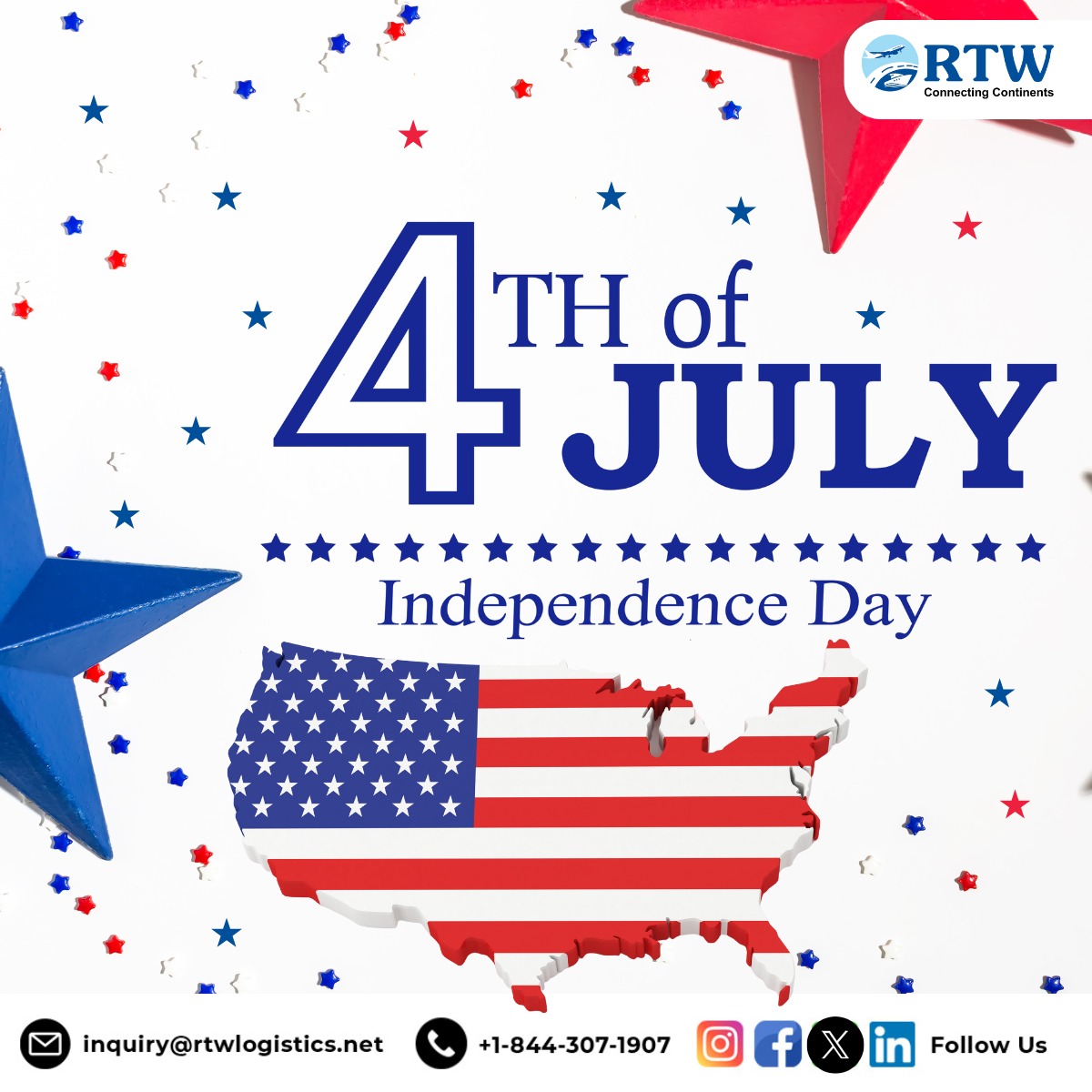 Celebrating the spirit of freedom and unity! 
RTW Logistics wishes everyone a very Happy 4th of July!

May the stars and stripes always wave high — here's to liberty, progress, and connecting continents with pride. 

#IndependenceDay #4thOfJuly #USA #RTWLogistics  #LogisticsUSA
