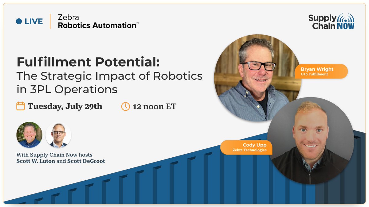 🚀 Join Supply Chain Now hosts @Scottwluton and Scott Degroot live with Bryan Wright, CTO and COO of G10 Fulfillment, and Cody Upp from @Zebratechnology to see how automation is transforming 3PL. 

Don’t miss out—register now: hubs.ly/Q03vynsn0