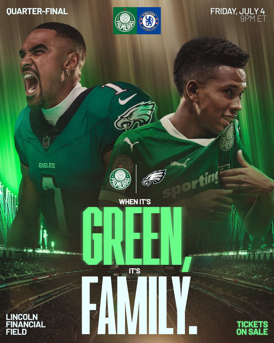 Palmeiras's tweet photo. 𝓖𝓻𝓮𝓮𝓷 𝓯𝓪𝓶𝓲𝓵𝔂! 💚

Estaremos JUNTOS no Lincoln Financial Field! 🟢⚪

We count on your support, Eagles Family! Let’s GO BIRDS!

#FIFACWC #FlyEaglesFly https://t.co/t9NotuM1Yx