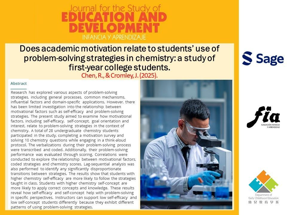 "Does academic motivation relate to students’ use of problem-solving strategies in chemistry: a study of first-year college students.“
doi.org/10.1177/021037…

By Runzhi Chen and Jennifer Cromley

#education #development #research #undergrad #chemistry #motivation #problemsolving
