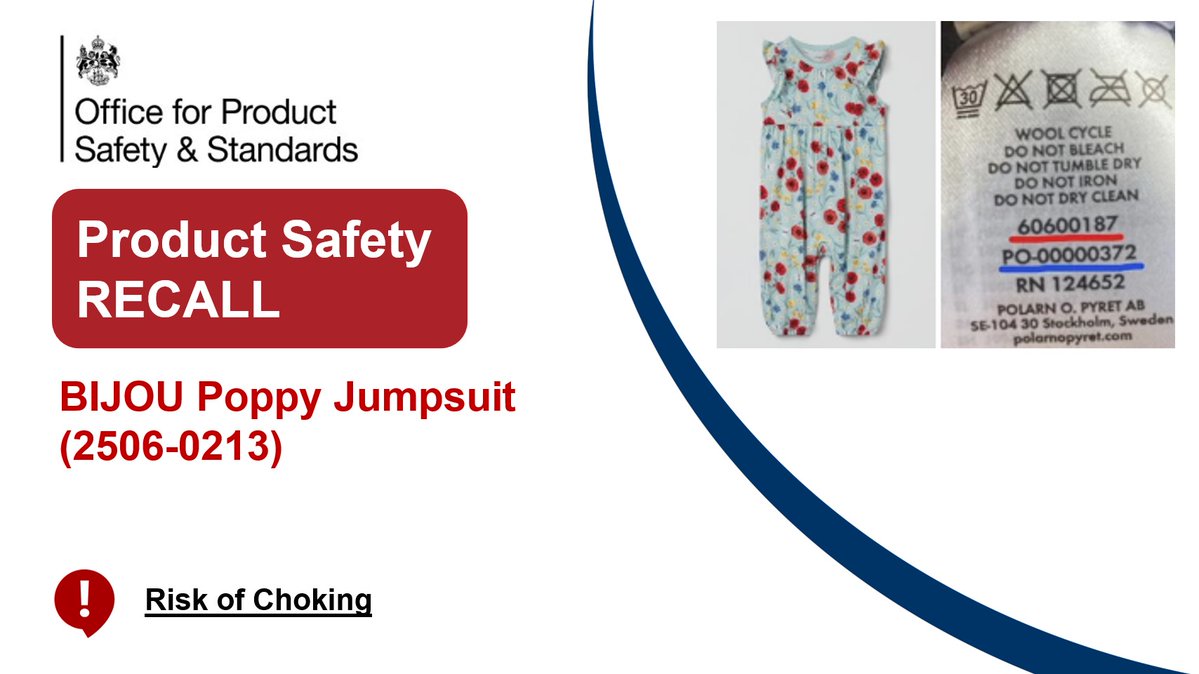 ⚠️ Product Recall: BIJOU Poppy Jumpsuit (2506-0213) presenting a risk of choking as the push buttons in the leg opening may become loose or detach after a short period of use.⚠️

gov.uk/product-safety…

#UkRecallsAndAlerts #ProductRecall