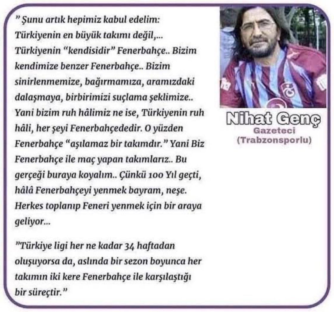 Nihat Genç’in vefatını derin bir üzüntüyle öğrendik.

Nihat Genç'e Yüce Allah’tan rahmet, ailesine ve sevenlerine başsağlığı diliyoruz.🙏🏻

🔙 Trabzonsporlu gazeteci Nihat Genç’in Türk futboluna ve Fenerbahçe’ye bakışını anlatan köşe yazısı. ⤵️