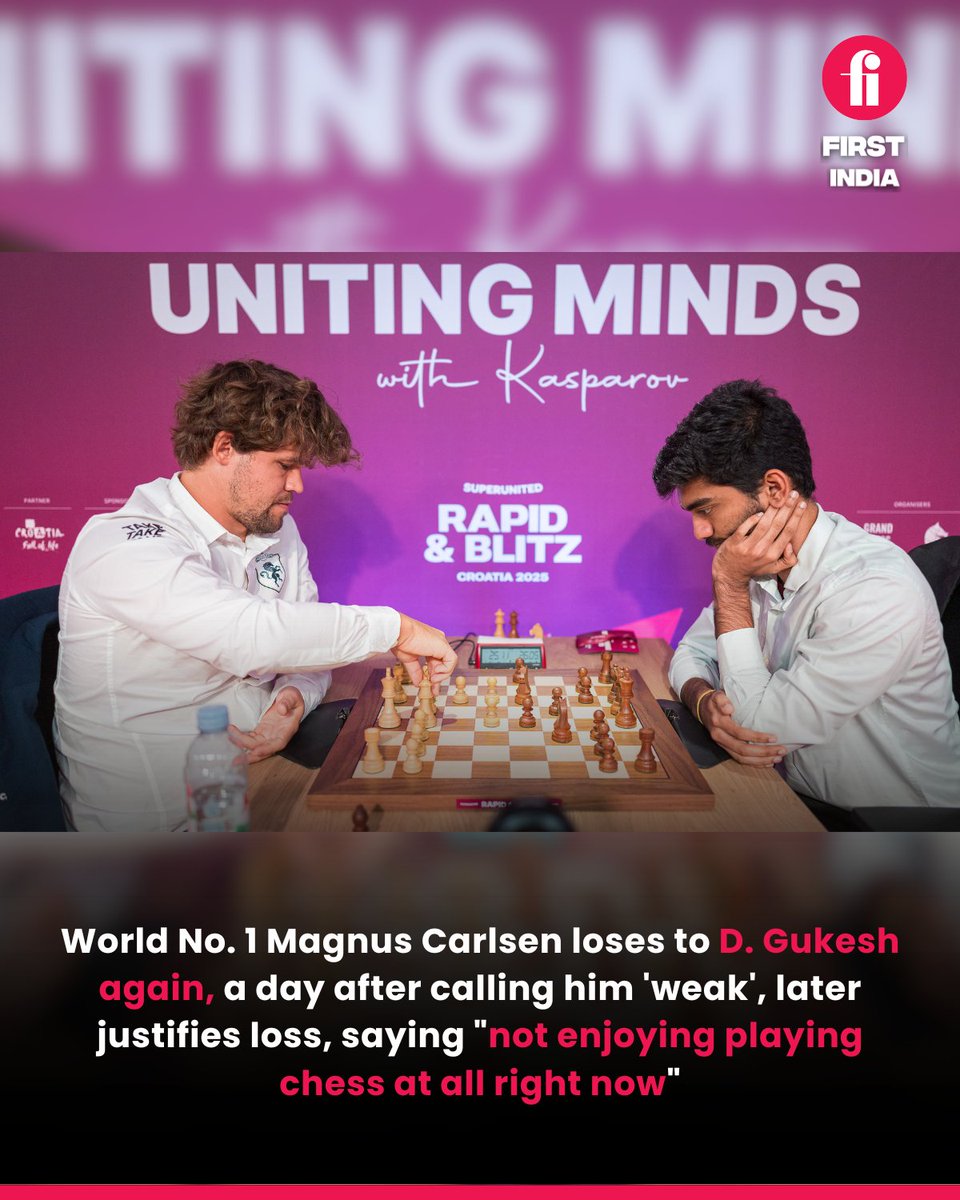 thefirstindia's tweet image. World No. 1 Magnus Carlsen lost to D. Gukesh for the second time, despite previously calling him &quot;weak.&quot; After the SuperUnited Rapid &amp;amp; Blitz loss, Carlsen admitted he&apos;s not enjoying chess and feels out of rhythm. #CarlsenVsGukesh #ChessRivalry
