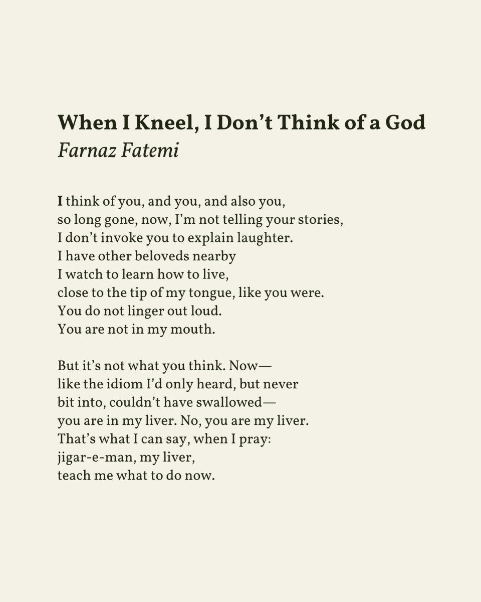 readalittlepoem's tweet image. “You do not linger out loud. / You are not in my mouth.”
— Farnaz Fatemi
.
.
.
This poem appeared in Sister Tongue by Farnaz Fatemi, published by The Kent State University Press, 2022. Shared here with deep gratitude.