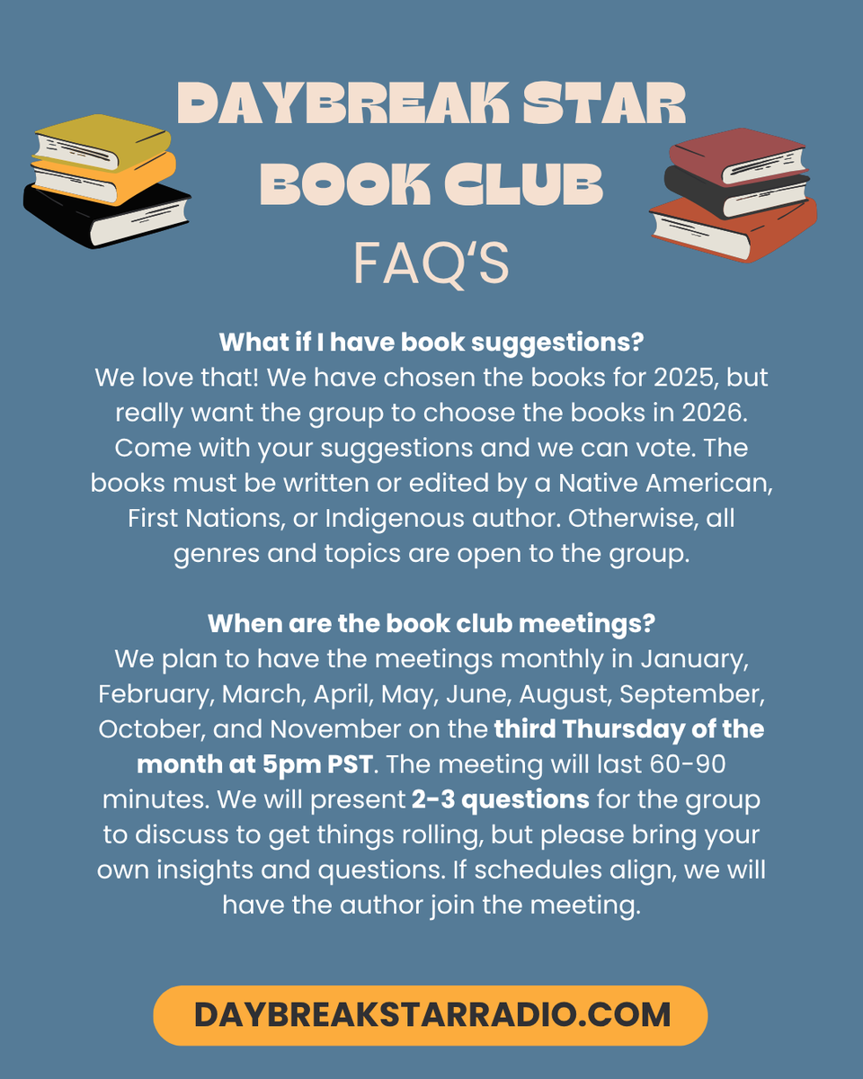 DaybreakRadio's tweet image. ⭐ 📚Announcing our Daybreak Star Radio Book Club! Join us as we build bridges between readers and the incredible Native authors who pour their hearts, cultures, and experiences into their work. Check out daybreakstarradio.com for more info! ⭐📚
#bookclub #reading #nativebooks
