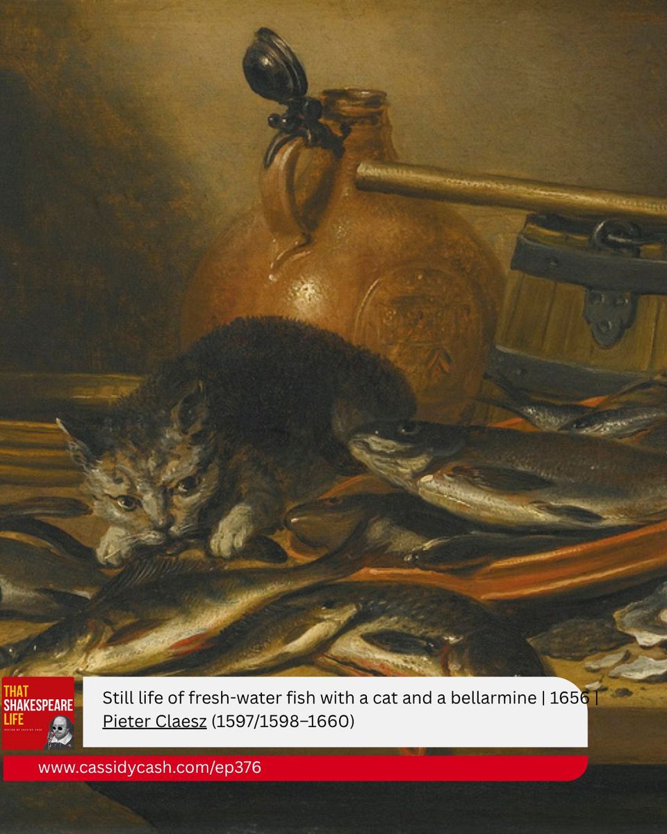 How adorable is this cat? Sneaking away with some fish. 🐈  You can tell he's a fishing cat not just by the fish, but by the bellarmine jug and fishing net shown behind him. More at cassidycash.com/ep376