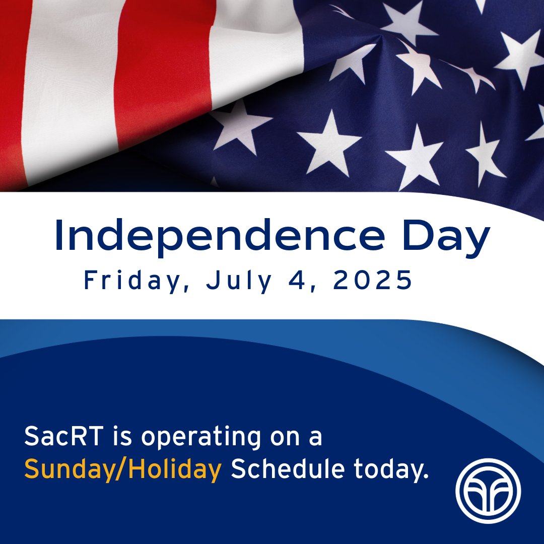 RideSacRT's tweet image. 🎆 SacRT wishes you a Happy 4th of July!
Stay safe and enjoy the celebration!🎇❤️🤍💙 #IndependenceDay #July4th
Just a reminder: SacRT is operating on a Sunday/holiday schedule today.