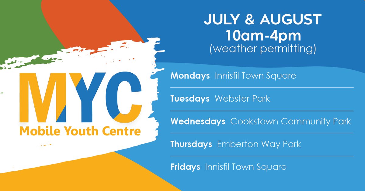 The countdown is on! Starting July 7, our Mobile Youth Centre (MYC) will be popping up across town all season long with yard games, crafts and more FREE drop-in activities for kids. 

Youth under 12 must be accompanied by an adult. See full details at innisfil.ca/MYC.