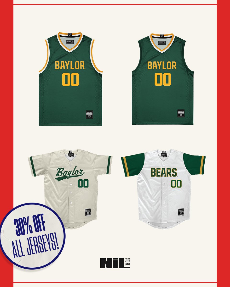 Shop our BIGGEST jersey sale of the summer💥 30% OFF every single jersey. Celebrate &amp; Save this 4th of July🇺🇸✨

➡️ nil.store/baylor