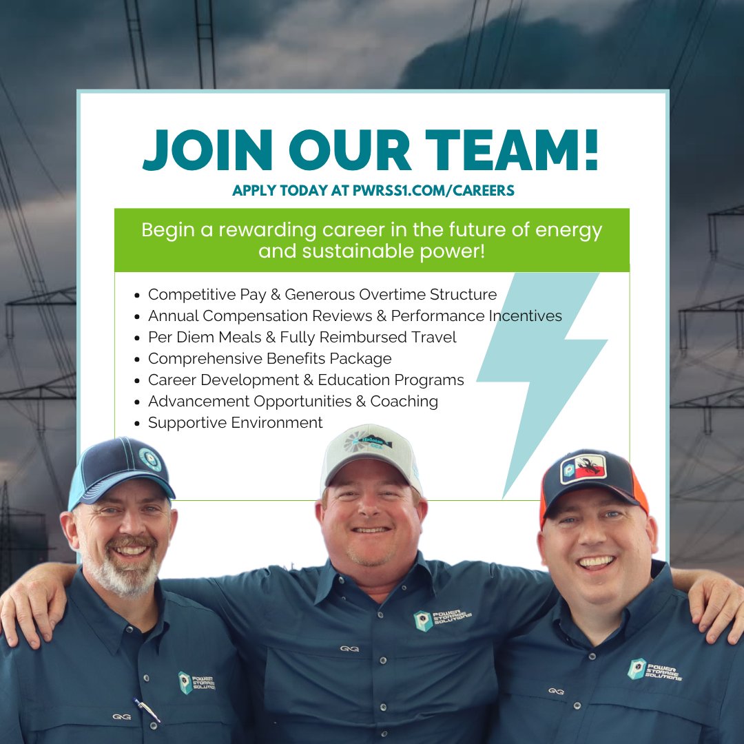 PWRSS1's tweet image. Advance your career in clean energy with a company that offers more: more support, more opportunity, and more purpose with Power Storage Solutions ✨
Ready for a career change? 👀 Apply today at pwrss1.com/careers ⚡️
#PowerStorageSolutions #NowHiring #CareersInEnergy