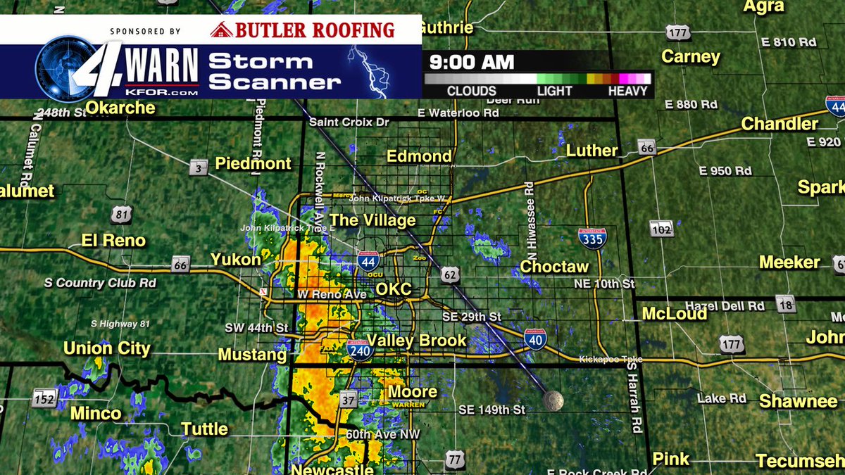 Here's the rain! Light to moderate rain is moving north across Bethany, west OKC, to Newcastle. No lightning. Bring a poncho to parades! Rain chances will stick around until at least early afternoon then drying out well before fireworks!

9AM FRI <a href="/kfor/">KFOR</a> #okwx