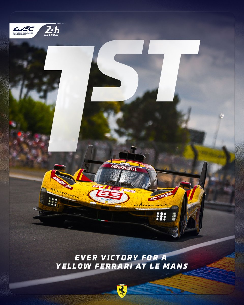Ferrari wins Le Mans — in yellow 🟡
𝟭𝟮𝘁𝗵 𝘃𝗶𝗰𝘁𝗼𝗿𝘆, 𝗳𝗶𝗿𝘀𝘁 𝘁𝗶𝗺𝗲 𝗻𝗼𝘁 𝗶𝗻 𝗿𝗲𝗱.
History made.

#LeMans24 #WEC #FerrariHypercar