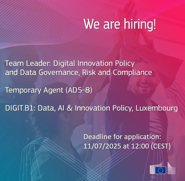 DIGIT 🇪🇺 (@eu_digit) on Twitter photo Do your weekend plans include contemplating the next step in your career? 🧘♂️
How about shaping the <a href="/EU_Commission/">European Commission</a> vision for data governance & digital innovation areas? 👩💻
Check the new team leader vacancy in our Data, AI and Innovation Policy Unit 👉 europa.eu/!38Mg9t Do your weekend plans include contemplating the next step in your career? 🧘♂️
How about shaping the <a href="/EU_Commission/">European Commission</a> vision for data governance & digital innovation areas? 👩💻
Check the new team leader vacancy in our Data, AI and Innovation Policy Unit 👉 europa.eu/!38Mg9t