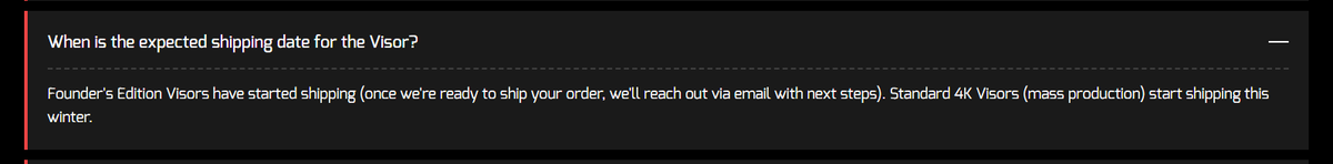まあ、わかってはいたけど、またまたしれっとスケジュールずらしてる。
この期に及んで have stared shipping って。

visor.com/faq
