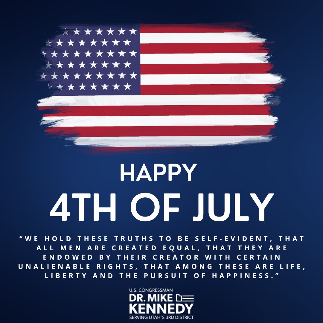 RepMikeKennedy's tweet image. On this Independence Day, whether you're watching a parade, marveling at a fireworks display, or gathering with loved ones, Katrina and I join you in celebrating the land of the free and the home of the brave. Let us honor the sacrifices of those who fought for our liberty and…