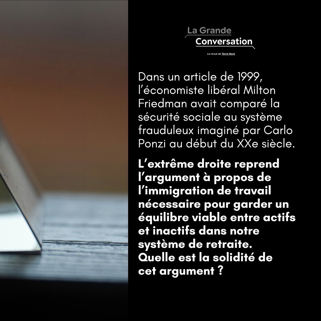 sc_cath's tweet photo. Je pense qu’on devrait avoir ces débats techniques sans systématiquement vouloir y mêler la question de l’extrême droite—qui d’ailleurs a généralisé ce système en France.

Paul Samuelson a aussi utilisé le terme « système de Ponzi » pour qualifier la répartition en 1967. Plus précisément « système de Ponzi qui fonctionne. »
Donc les deux plus grands économistes de l’après guerre (Samuelson et Friedman) l’ont fait, même s’ils avaient des vues politiques opposées.

Personnellement, je pense qu’il faut faire attention avec cette comparaison qui n’est pas forcément utile. Mathématiquement, la répartition fonctionne de facto comme un système en cavalerie. Mais elle n’en a pas l’instabilité, le risque d’un écroulement soudain, car les investisseurs suivants n’ont pas le droit de ne pas y participer et parce que la nature de son fonctionnement n’est pas cachée.

En France, le côté Ponzi est peu plus marqué cependant car le système vit d’apports extérieurs et manque de transparence comptable. Mais aussi parce que les prélèvements qui la financent sont qualifiées de cotisations (aux US ils sont qualifiés de taxe), laissant entendre que les actifs récupèrent leur propre mise.