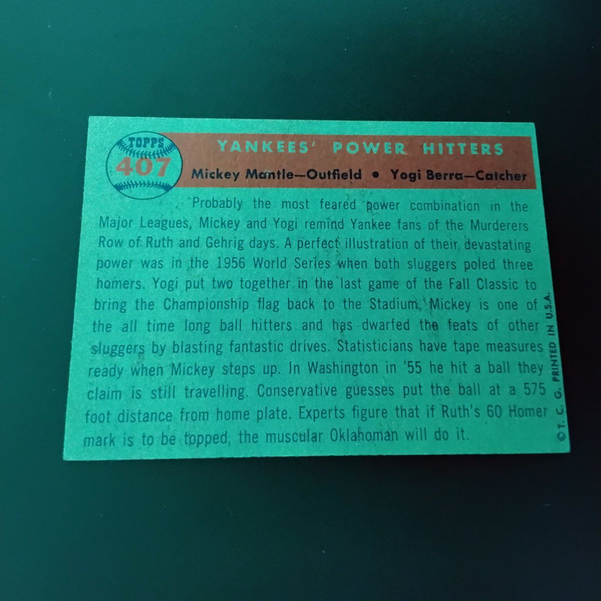The final card in the #1957Topps set...
#Cardbacks inform that Mickey and Yogi each "poled three homers in the 56 series"