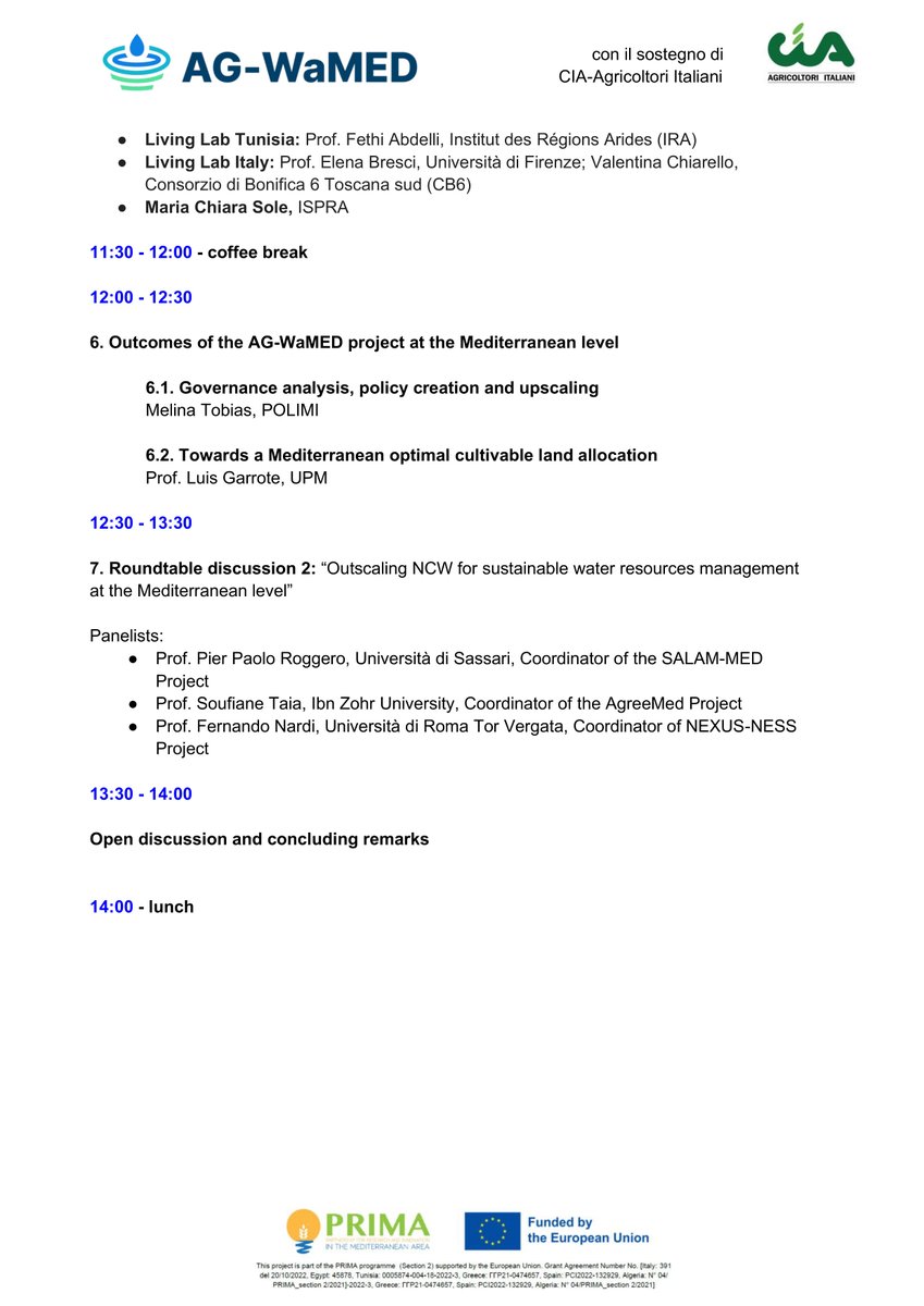 📣 Only 1 week to go to the conference "Governing non conventional water resources in the Mediterranean: the experience of the AG-WaMED PRIMA project" 💧 

📅 10th July, in person at Cia-Agricoltori Italiani (Rome) and online. 

Link to registration: lnkd.in/dTXqE_KR
