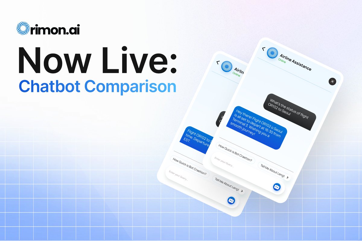 orimonai's tweet photo. Now Live:  Chatbot Comparison, test up to 4 different versions of your chatbot at once, each with its own settings.

Try it now from your test &amp; train page.
#OrimonAI #ProductUpdate #ConversationalAI https://t.co/Q90ogyqz6v