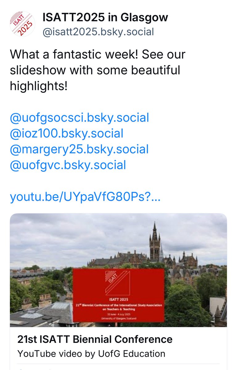 Dr A. Webster (@drawebster) on Twitter photo What a fantastic week of professional learning at #ISATT2025 — inspiring, challenging, and truly enriching. I’ve learned, unlearned, and relearned. A deep bow to the amazing staff and students <a href="/UofGlasgow/">University of Glasgow</a> for the seamless organisation. 👏
<a href="/UofGEducation/">School of Education</a>
<a href="/UofGSocSci/">UofG Social Sciences</a> What a fantastic week of professional learning at #ISATT2025 — inspiring, challenging, and truly enriching. I’ve learned, unlearned, and relearned. A deep bow to the amazing staff and students <a href="/UofGlasgow/">University of Glasgow</a> for the seamless organisation. 👏
<a href="/UofGEducation/">School of Education</a>
<a href="/UofGSocSci/">UofG Social Sciences</a>