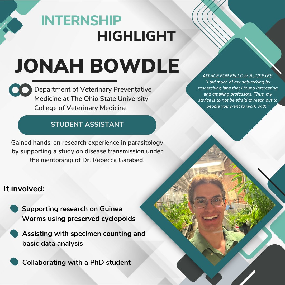 Today, we’re highlighting Jonah Bowdle, who gained hands-on parasitology research experience at OSU’s College of Veterinary Medicine by assisting with data analysis and specimen counting under Dr. Garabed’s mentorship, proving the value of reaching out and making connections.