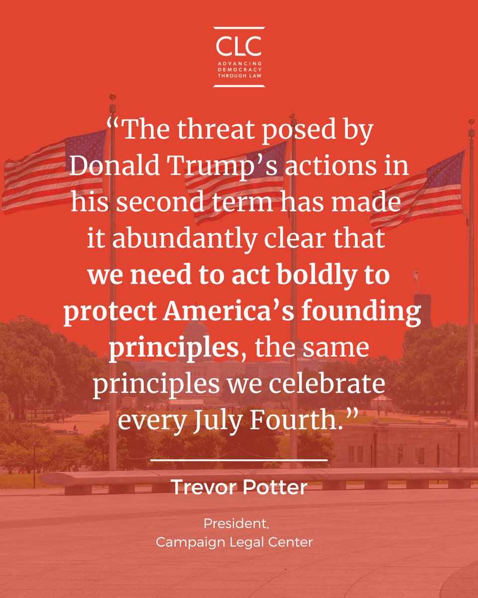 CampaignLegal's tweet photo. Independence Day gives us a moment to reflect on the values our nation was founded on — and the clear threat they face from the Trump administration. Campaign Legal Center is doubling down on our commitment to protecting America’s founding principles. https://t.co/4w6zJEmawU