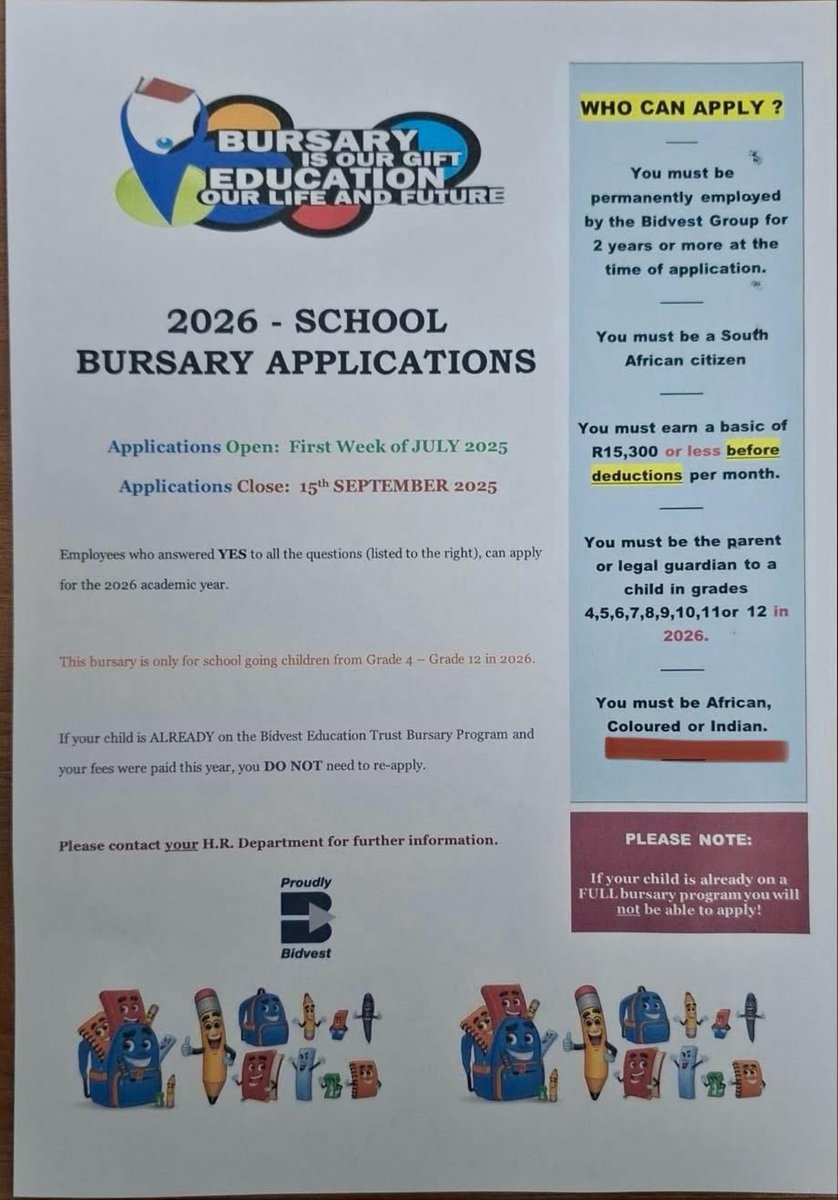 SolidariDirk's tweet image. Bidvest has a bursary programme for school-going children from Grade 4 to Grade 12. Full-time employees may apply for the programme if they earn less than R15 300 per monthbefore deductions. The bursary covers school fees, Waltons stationery, school uniforms and help with extra…