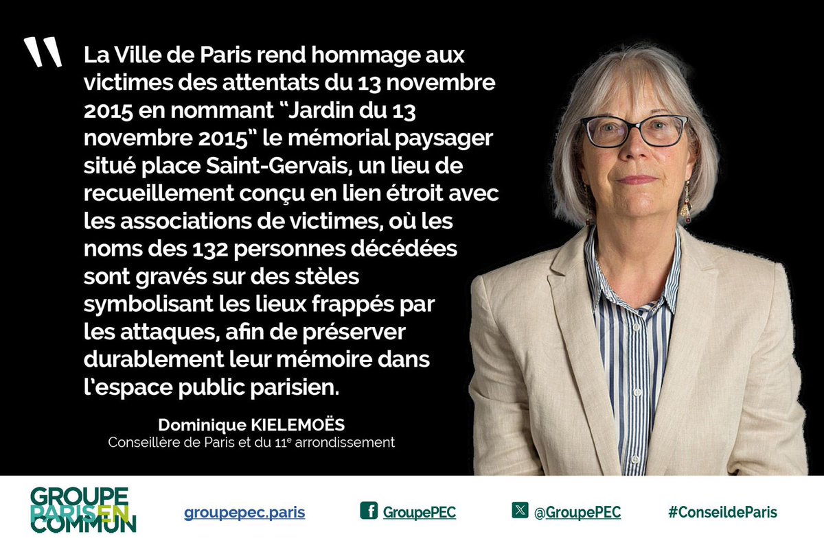 Élu-e-s Paris En Commun (@groupepec) on Twitter photo Au #ConseildeParis, <a href="/DominiqueKielem/">Dominique Kielemoes</a> salue la dénomination « Jardin du 13 novembre 2015 » attribuée au mémorial de la place Saint-Gervais, en hommage aux victimes des attentats. Au #ConseildeParis, <a href="/DominiqueKielem/">Dominique Kielemoes</a> salue la dénomination « Jardin du 13 novembre 2015 » attribuée au mémorial de la place Saint-Gervais, en hommage aux victimes des attentats.