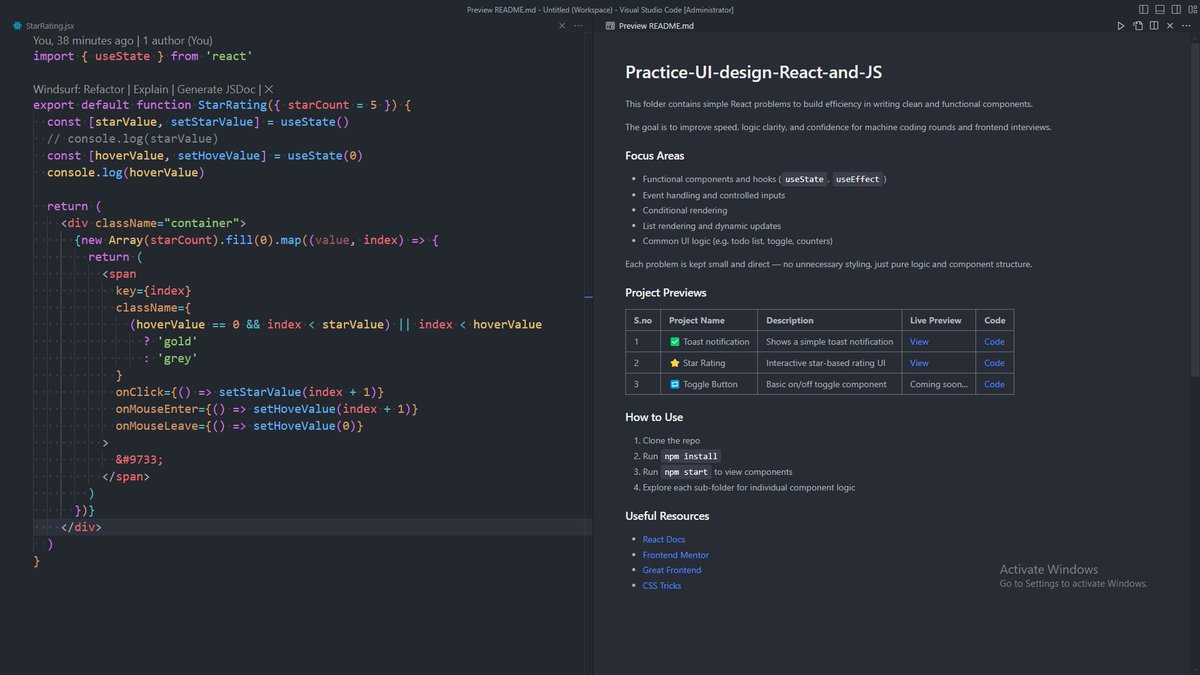 1amWaziR's tweet image. ✅ Today, I built a Star Rating Component in React
Practised a common UI pattern used in reviews to sharpen my frontend interview prep.
- Tracked state with useState and dynamic rendering
- Handled hover & click logic
- Styled dynamically
#ReactJS #JavaScript #MachineCoding