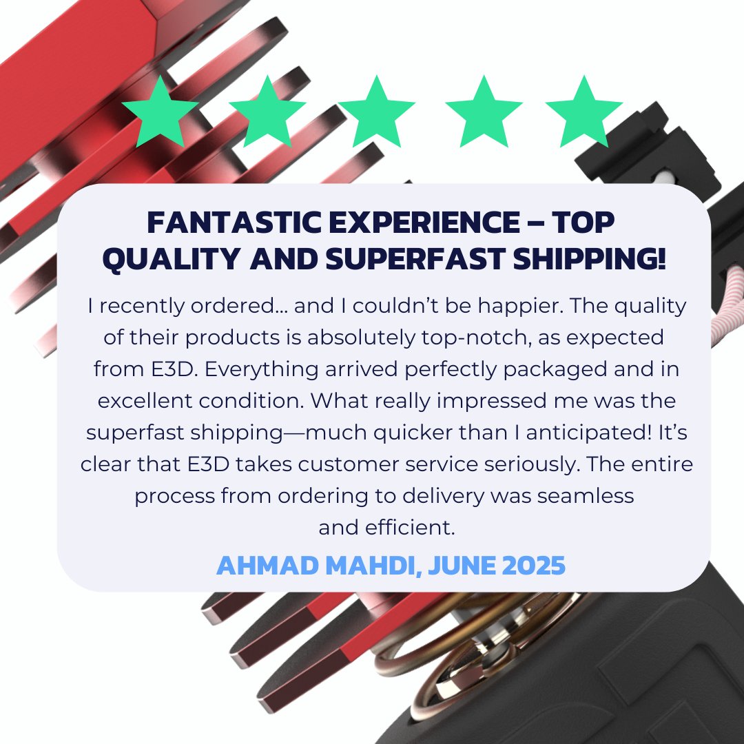 E3DOnline's tweet image. We always strive to have the best-quality products, packaged to perfection, and delivered as quickly as possible 🚀
We love hearing about your experience (good or bad!) - your feedback helps us keep raising the bar!
Tell us what you think here ➡️ uk.trustpilot.com/evaluate/e3d-o…
#E3D…