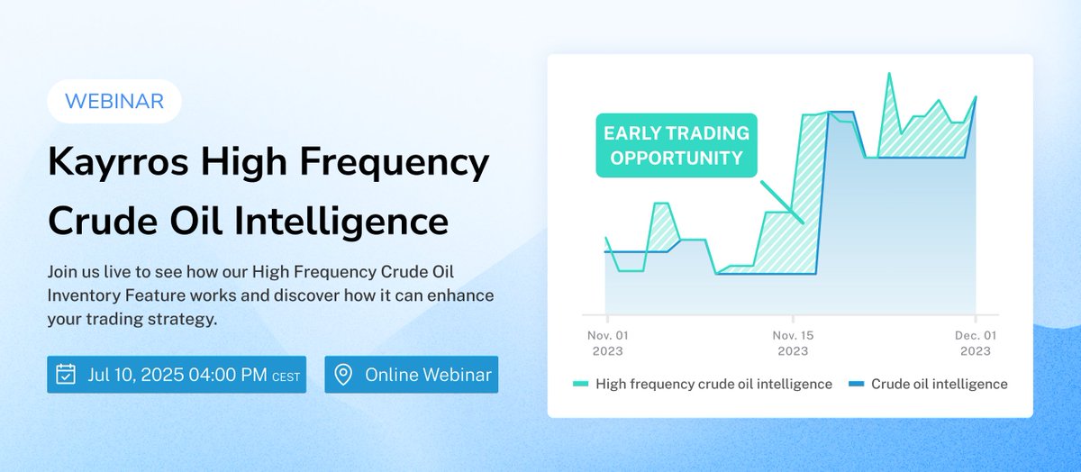 Join us for a live webinar session to explore our High-Frequency Crude Oil Inventory feature, designed to give traders and analysts a competitive edge with:

🔹Near-daily inventory data with +90% of crude oil storage capacity revisited within 3 days (a market first)
🔹Unmatched
