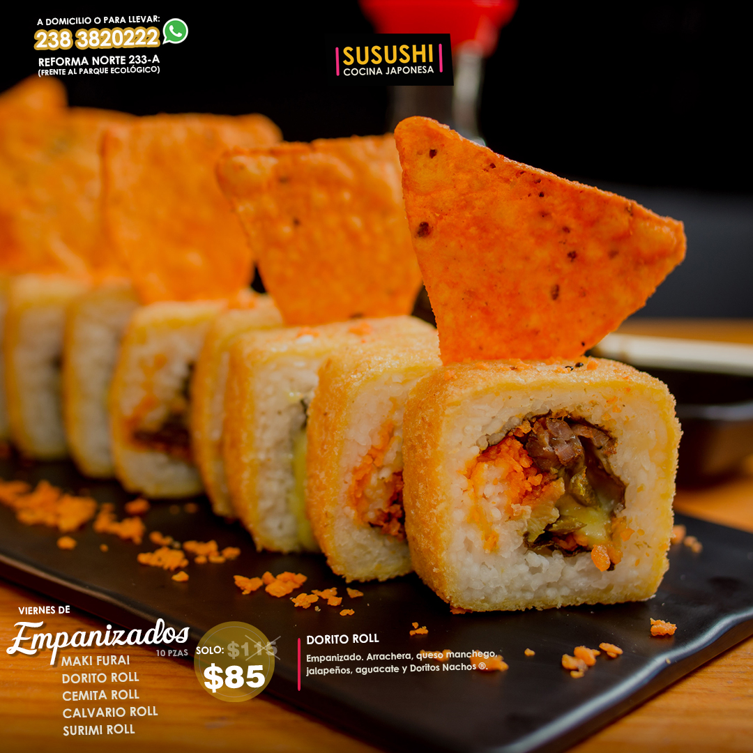 #𝐯𝐢𝐞𝐫𝐧𝐞𝐬 𝐝𝐞 rolls 𝐞𝐦𝐩𝐚𝐧𝐢𝐳𝐚𝐝𝐨𝐬 DE $115 A SOLO $85
-
10 pzas🍣🥢
DORITO ROLL / CALVARIO ROLL / MAKI FURAI / CEMITA ROLL / SURIMI ROLL
-
🛵A DOMICILIO O PARA LLEVAR. WhatsApp 238 382 0222
📍Av Reforma Nte 233A (frente al parque ecológico)