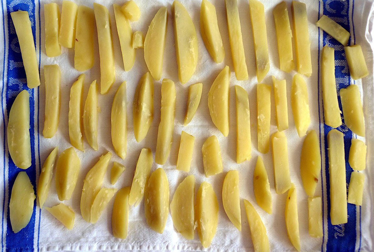 calmeilles's tweet image. Parboiled chunky chips drying in anticipation of a dip in hot oil later this evening.

🍜🍽️
#food #cooking #DeepFrying #chips #fries