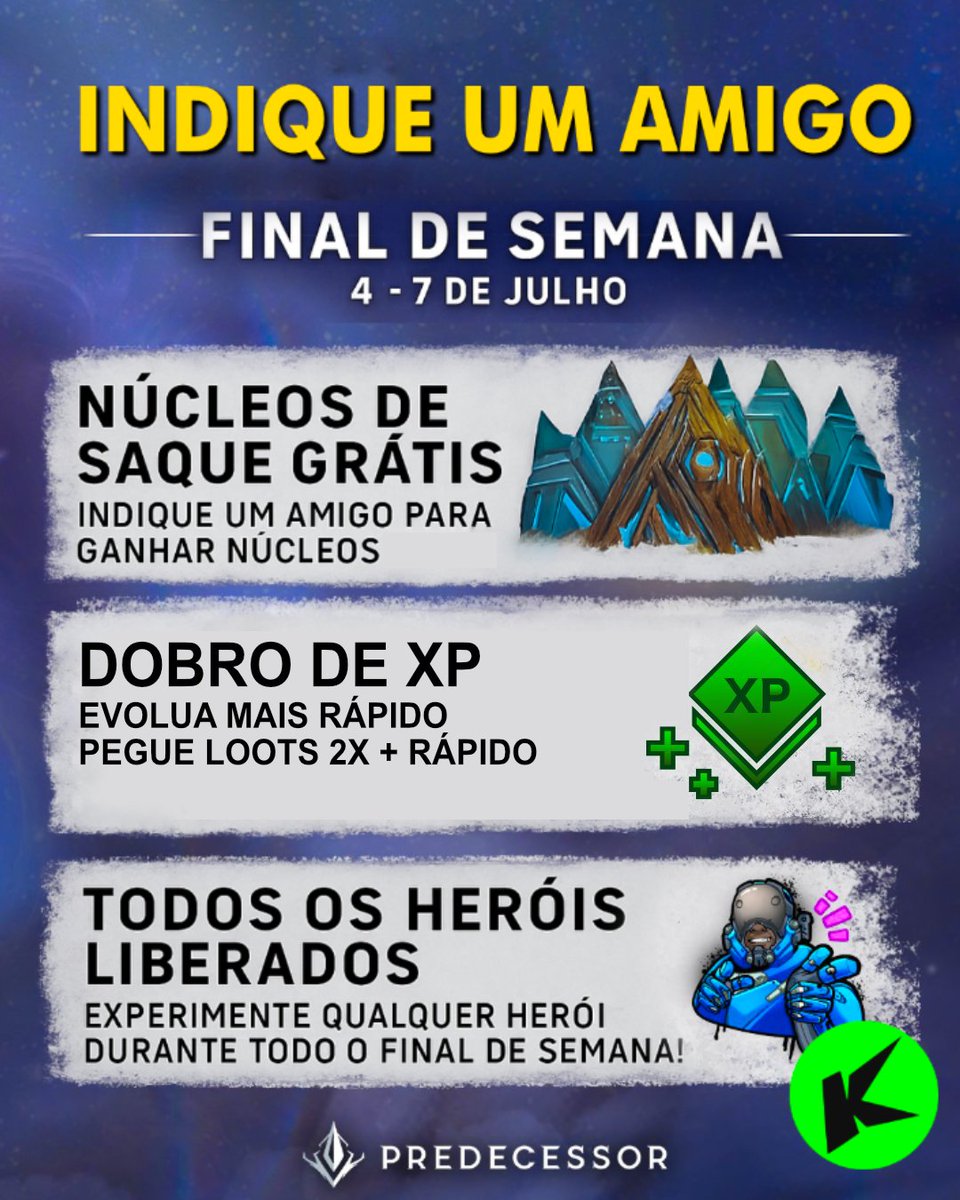 Kizumbba_'s tweet photo. PREDECESSOR NEWS: O EVENTO chega HOJE (sexta) repleto de recompensas incríveis para todos! 👇 

🎁 Loot Cores Grátis
⚡ XP da conta em Dobro
⚔️ Todos os heróis livres

Melhor momento para começar a JOGAR!

📅 Evento de hoje até dia 07 de Julho!

#Predecessor #Evento #PredBR https://t.co/mYdQn4VMsr