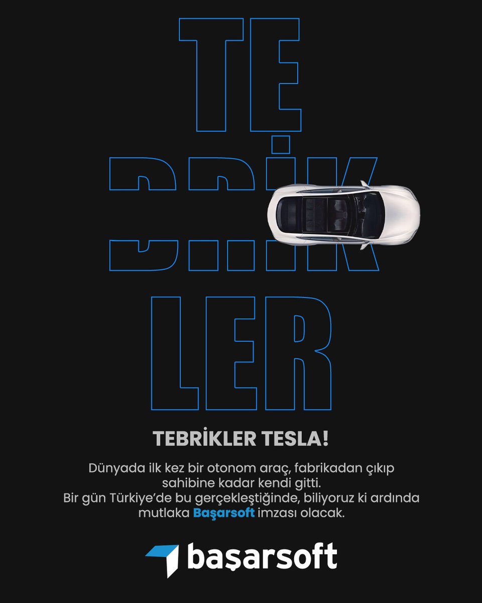 Tebrikler #Tesla
Dünyada ilk kez bir otonom araç, fabrikadan çıkıp sahibine kadar kendi gitti.
Bir gün Türkiye’de bu gerçekleştiğinde, biliyoruz ki ardında mutlaka Başarsoft imzası olacak.