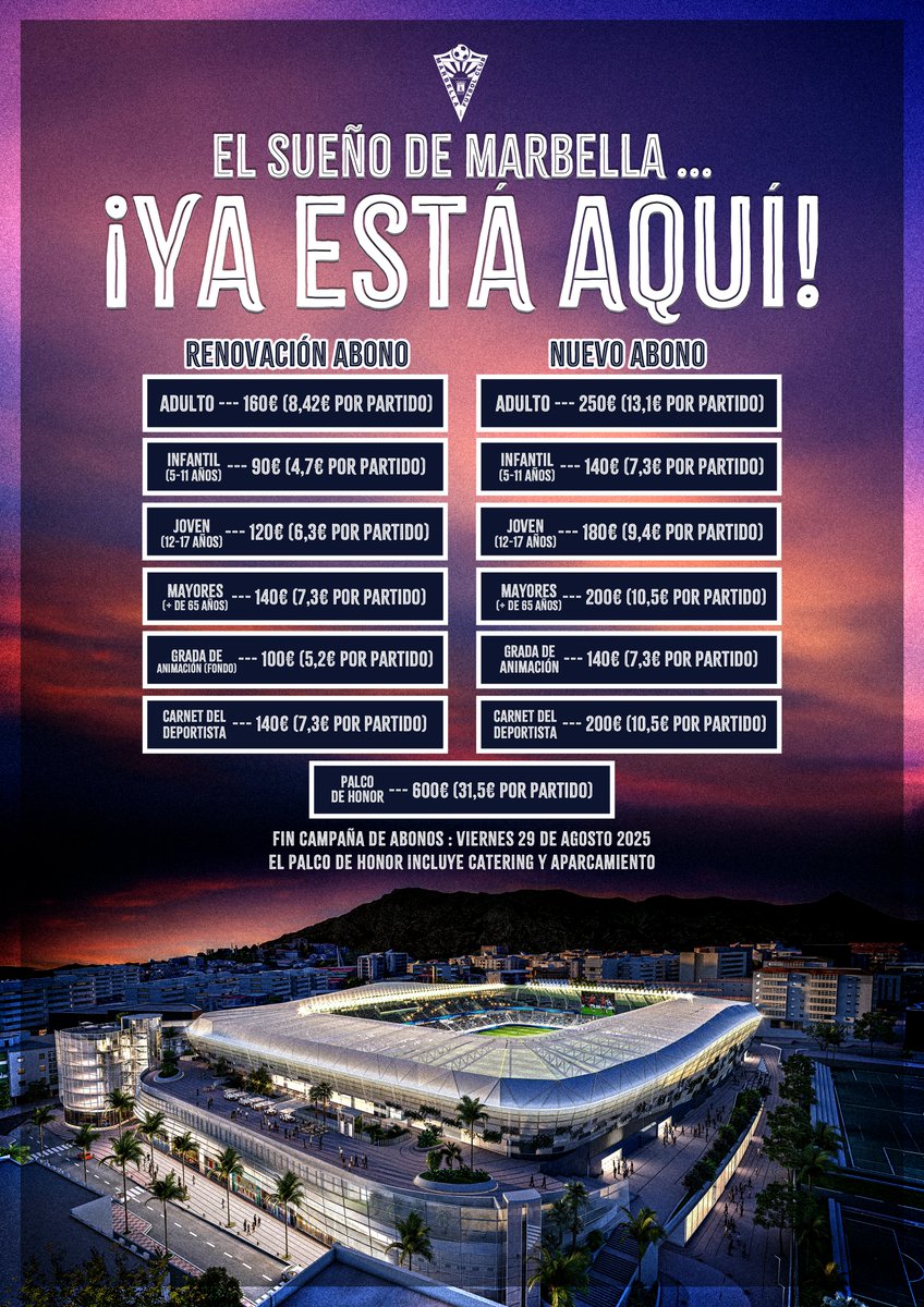 Marbella FC (@marbella_fc) on Twitter photo โจ๏ธ ๐ผ๐ ๐ค๐ฆ๐๐ฬ๐ ๐๐ ๐๐๐ฃ๐๐๐๐๐ ๐ช๐ ๐๐ค๐ฅ๐ฬ ๐๐ข๐ฆ๐ฬ ... ยกยก campaรฑa de abonos 2๏ธโฃ5๏ธโฃ / 2๏ธโฃ6๏ธโฃ !!
๐ ๐ผ๐๐ค๐ฃ๐ค ๐ค๐ฃ๐ก๐๐ฃ๐: ๐๐๐จ๐๐ ๐๐ค๐ฎ ya puedes abonarte o renovar tu carnet ๐ค๐ฃ๐ก๐๐ฃ๐ para vivir una temporada espectacular en <a href="/Primera_RFEF/">Primera Federaciรณn Versus e-Learning</a> en el siguiente โจ๏ธ ๐ผ๐ ๐ค๐ฆ๐๐ฬ๐ ๐๐ ๐๐๐ฃ๐๐๐๐๐ ๐ช๐ ๐๐ค๐ฅ๐ฬ ๐๐ข๐ฆ๐ฬ ... ยกยก campaรฑa de abonos 2๏ธโฃ5๏ธโฃ / 2๏ธโฃ6๏ธโฃ !!
๐ ๐ผ๐๐ค๐ฃ๐ค ๐ค๐ฃ๐ก๐๐ฃ๐: ๐๐๐จ๐๐ ๐๐ค๐ฎ ya puedes abonarte o renovar tu carnet ๐ค๐ฃ๐ก๐๐ฃ๐ para vivir una temporada espectacular en <a href="/Primera_RFEF/">Primera Federaciรณn Versus e-Learning</a> en el siguiente