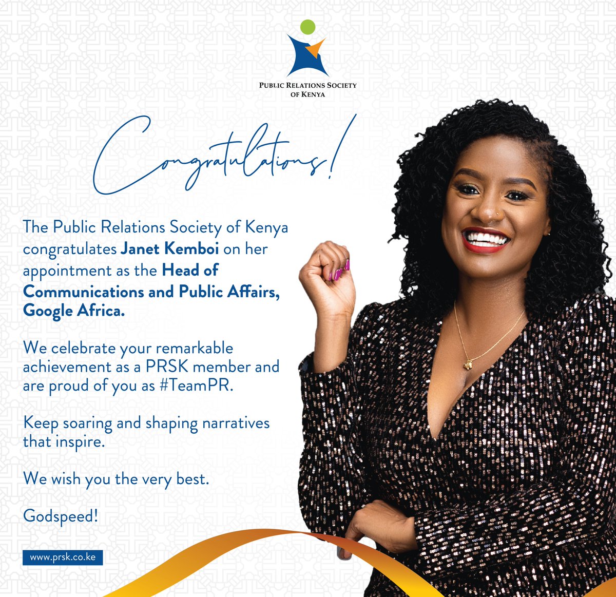 PRSK (@prskkenya) on Twitter photo Join us in congratulating our colleague @KemboiJCon her appointment as the Head of Communications and Public Affairs, <a href="/googleafrica/">Google in Africa</a>.
#TeamPR celebrates you. Join us in congratulating our colleague @KemboiJCon her appointment as the Head of Communications and Public Affairs, <a href="/googleafrica/">Google in Africa</a>.
#TeamPR celebrates you.