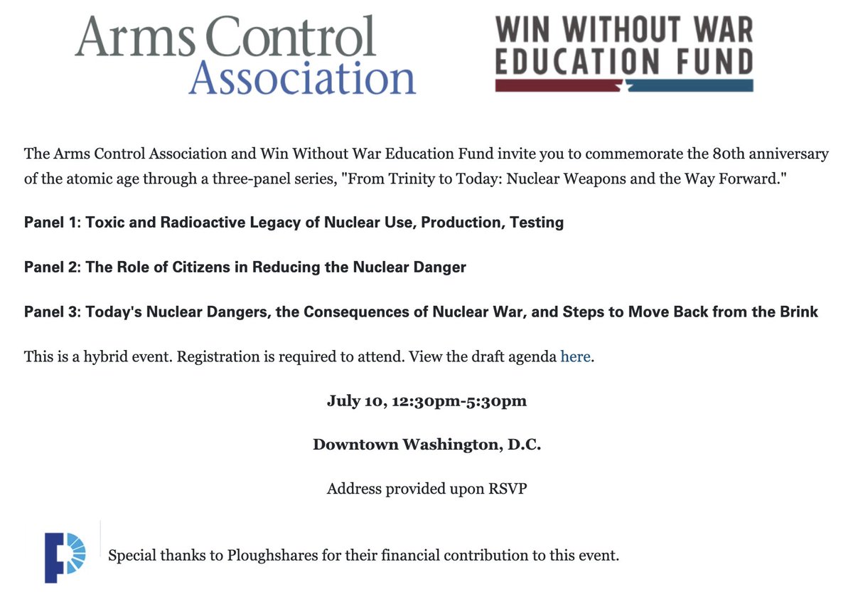 Many thanks to @Ploughshares for their financial contribution to the upcoming 3-panel series "From Trinity to Today: Nuclear Weapons and the Way Forward." 
Commemorate the 80th anniversary of the atomic age with us July 10, 12:30-5:30pm EST.
Register now 👉ow.ly/IVIQ50WiHnm