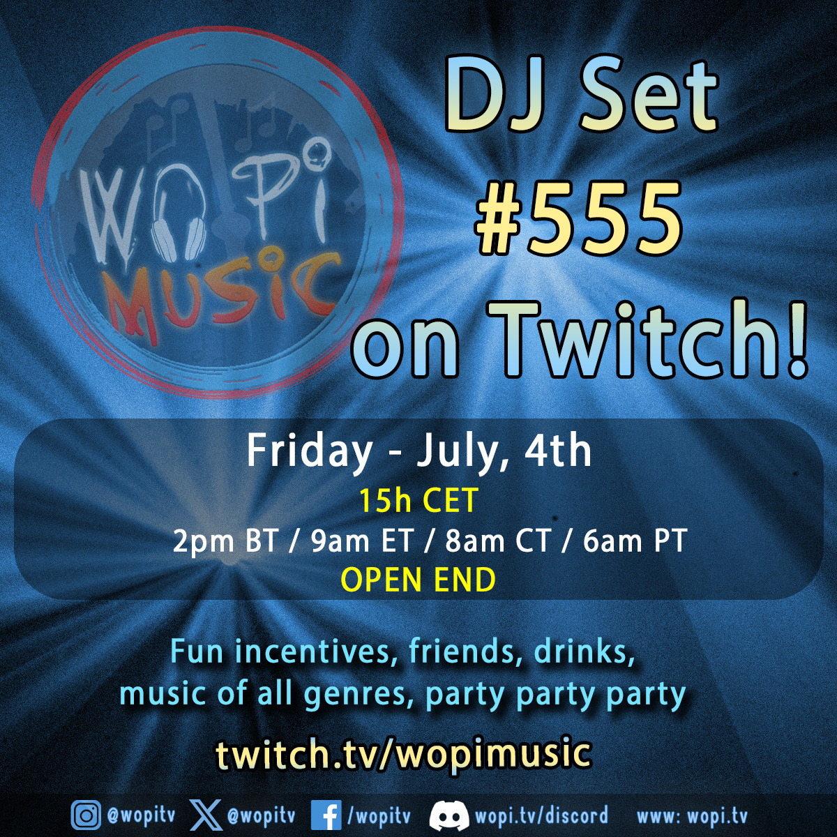Morning all and Happy 4th of July!!!

If you want a fun place to hang out before your own festivities, our amazing DJ <a href="/wopitv/">wopiTV / wopiMusic</a> is live with some amazing music and fun!