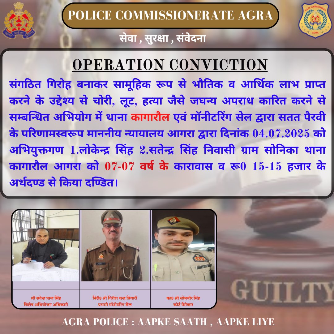 संगठित गिरोह बनाकर सामूहिक रूप से भौतिक व आर्थिक लाभ प्राप्त करने के उद्देश्य से चोरी, लूट, हत्या जैसे जघन्य अपराध कारित करने से सम्बन्धित अभियोग में #थाना_कागारौल एवं मॉनीटरिंग सेल द्वारा सतत पैरवी के परिणामस्वरूप माननीय न्यायालय आगरा द्वारा दिनांक 04.07.2025 को अभियुक्तगण