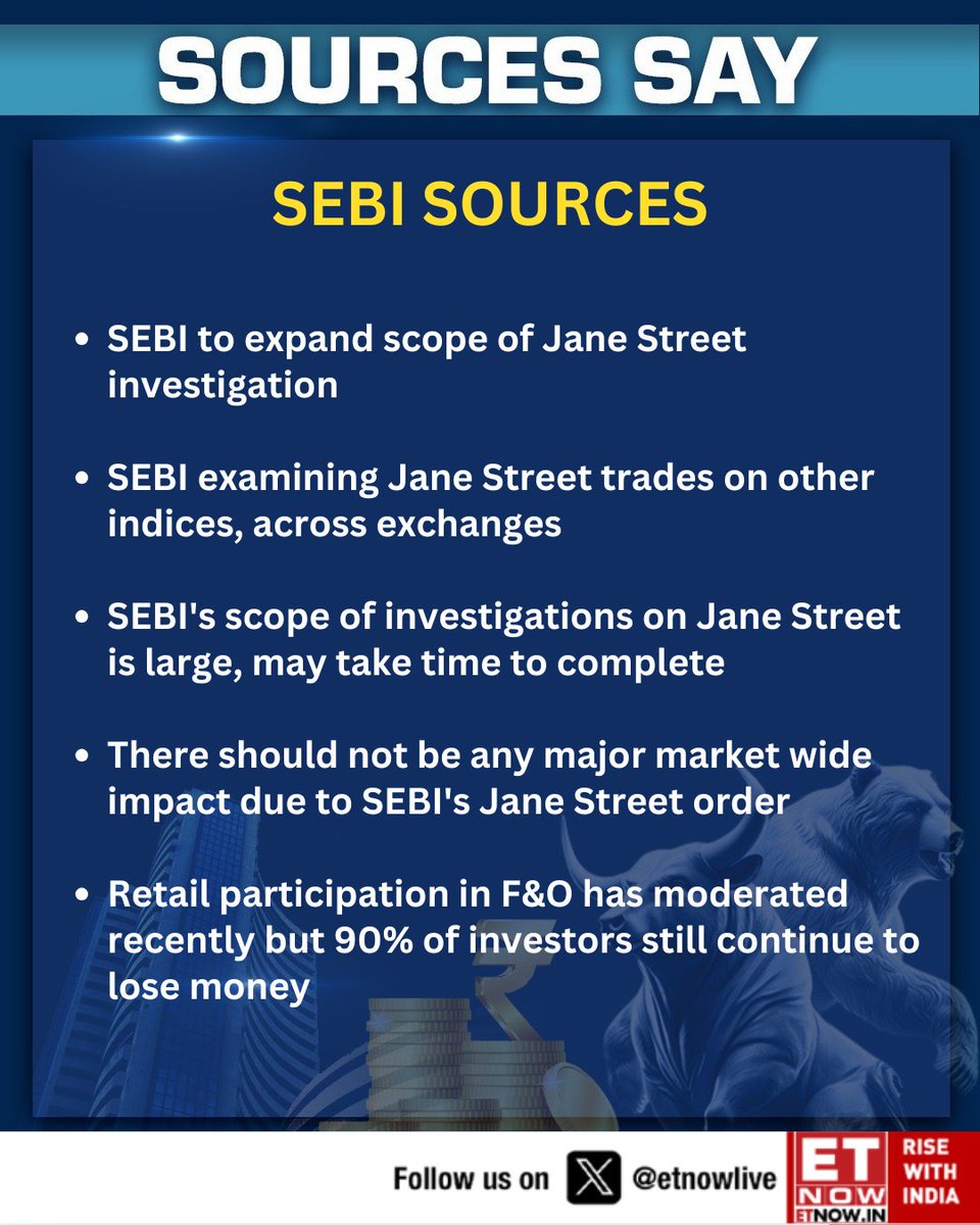ETNOWlive's tweet image. #Exclusive | SEBI to expand scope of Jane Street investigation, #sources tell #ETNOW
#SEBI #JaneStreetGroup #StockMarketIndia
@anujosh_aj